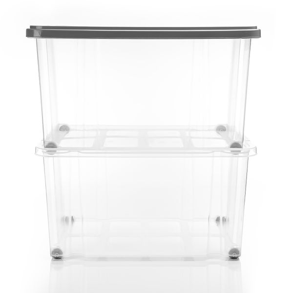 BigDean 4 Stück 60 L Aufbewahrungsbox mit Deckel groß stahlgrau - stapelbare robuste Box BPA-frei - rollbare Stapelbox mit festen Klickverschlüssen - Made in Germany