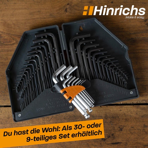 Hinrichs Logo. Hinrichs Innensechskantschlüssel-Set 30-teilig und 9-teilig, metrisch und zöllig, in Kunststoffetui auf Holz.