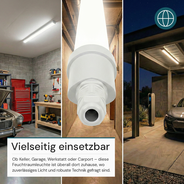 LED-Feuchtraumleuchte montiert in Garage, Werkstatt und Carport, zeigt vielseitige Einsatzbereiche für helles und zuverlässiges Licht.