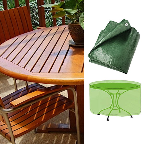 Schutzhülle für runde Gartentische, grüne Abdeckplane mit Ösen, Anwendung am Tisch und gefaltet dargestellt.