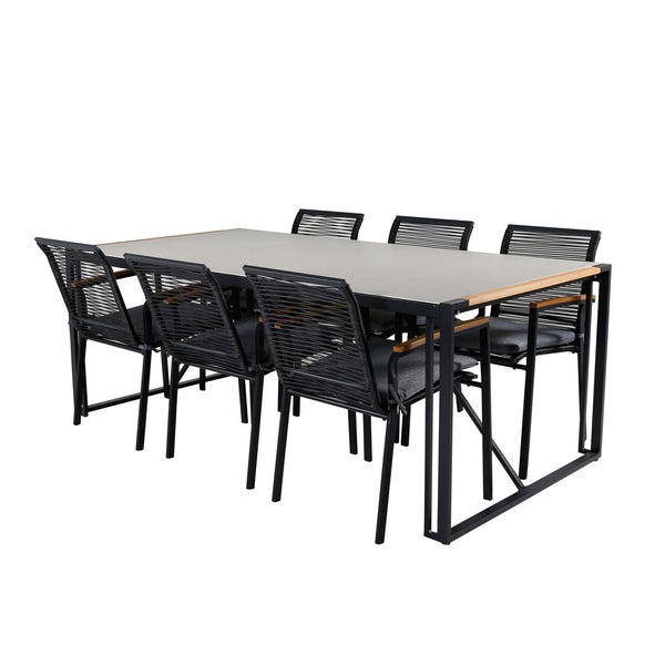 Texas Gartenset Tisch 100x200cm und 6 Stühle Dallas schwarz, natur, grau. 100 X 200 X 73 cm