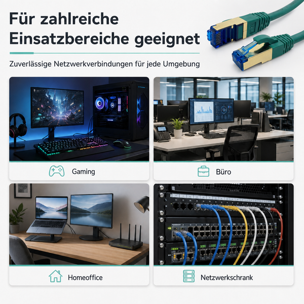 Einsatzbereiche für LAN-Kabel: Gaming-PC, Büro-Arbeitsplatz, Homeoffice mit Router und Netzwerkschrank.