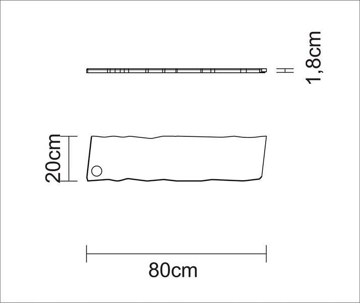 Technische Zeichnung eines Regalbords mit Maßangaben: 80 cm Länge, 20 cm Breite und 1,8 cm Höhe.