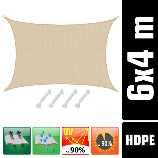 AMANKA UV Sonnensegel - 4x6 m HDPE Rechteckig - Sonnenschutz Plane Überdachung Garten Balkon Beige