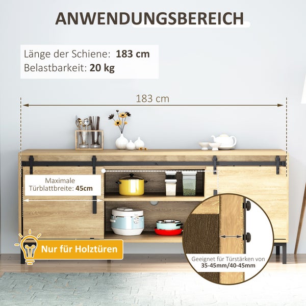 HOMCOM Schiebetürsystem Laufschiene Schiebetürbeschlag für doppelte Holztüren Zubehör Kohlenstoffstahl Schwarz 183 x 0,6 x 18 cm