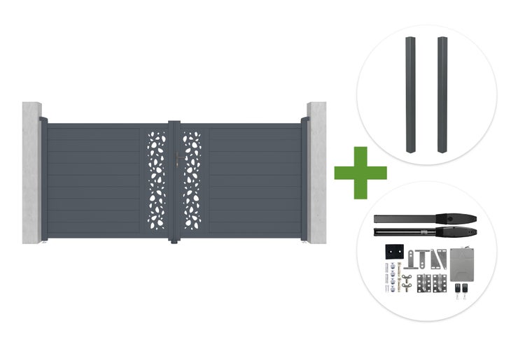 Zweiflügeliges Aluminium-Einfahrtstor in Anthrazit mit dekorativem Lochmuster inklusive zwei Pfosten und elektrischem Torantrieb Set.