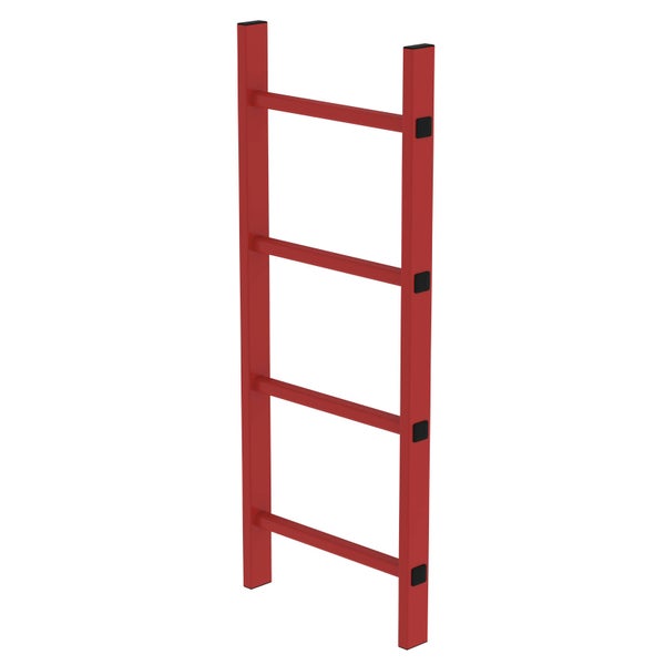 Freistehende, rote Leiter mit vier Sprossen.