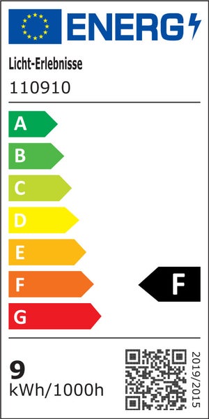 EU Energieeffizienzlabel der Klasse F fuer die Licht Erlebnisse Lampe mit Modellnummer 110910 und 9 Kilowattstunden pro 1000 Stunden Verbrauch