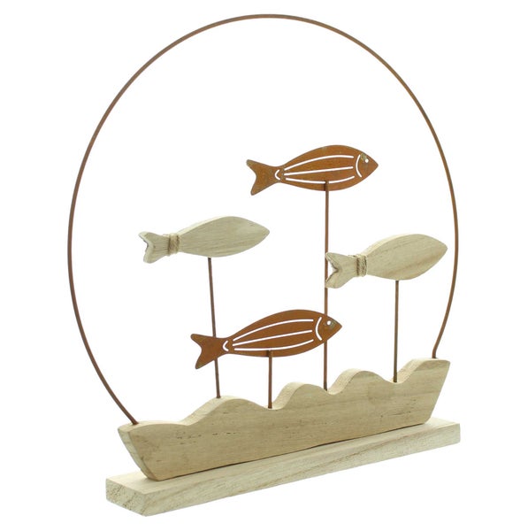FRANK FLECHTWAREN | Dekoring Fischschwarm, 34 x 5 x 32 cm, METALL, HOLZ