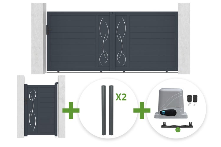 Aluminium-Schiebetor-Set inklusive Nebentür, zwei Pfosten und elektrischem Torantrieb mit Fernbedienungen.
