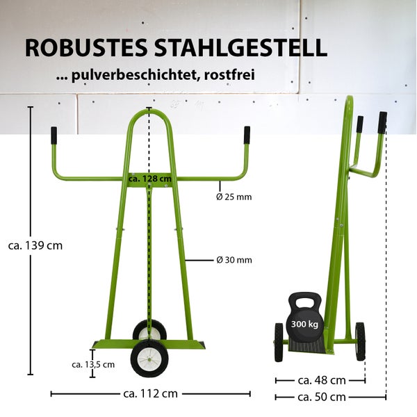 Robuster, pulverbeschichteter und rostfreier Stahlrahmen mit Maßangaben.