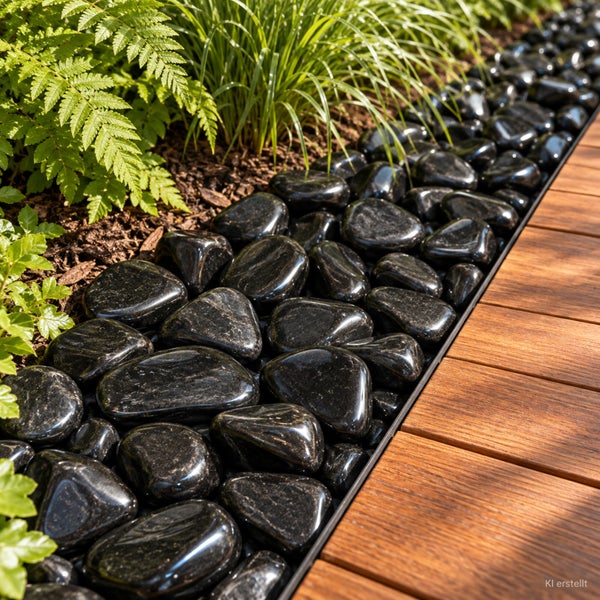 Garten Beetbegrenzung mit Ziersteinen und Holzterrasse
