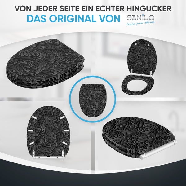 Sanilo WC-Sitz mit verschnörkeltem Muster aus mehreren Perspektiven in geöffnetem und geschlossenem Zustand. Sanilo Logo.