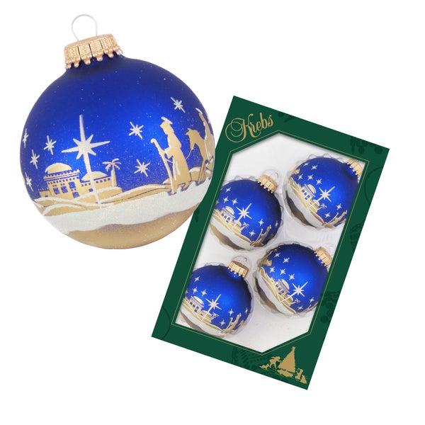 Satin-Königsblau 7cm Glaskugel mit Banddekor Bethlehem, 4 Stck., Weihnachtsbaumkugeln, Christbaumschmuck, Weihnachtsbaumanhänger