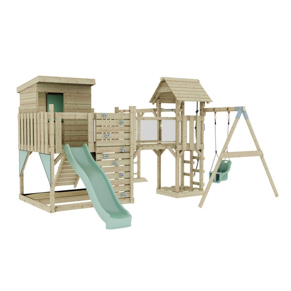 Spielplatz mit Rutsche, Kletterwand und Schaukel