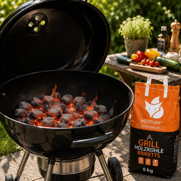 Schwarzer Kugelgrill mit glühenden Grillbriketts neben einem fünf Kilogramm Sack Heizfuxx Grill-Holzkohlebriketts im Freien.