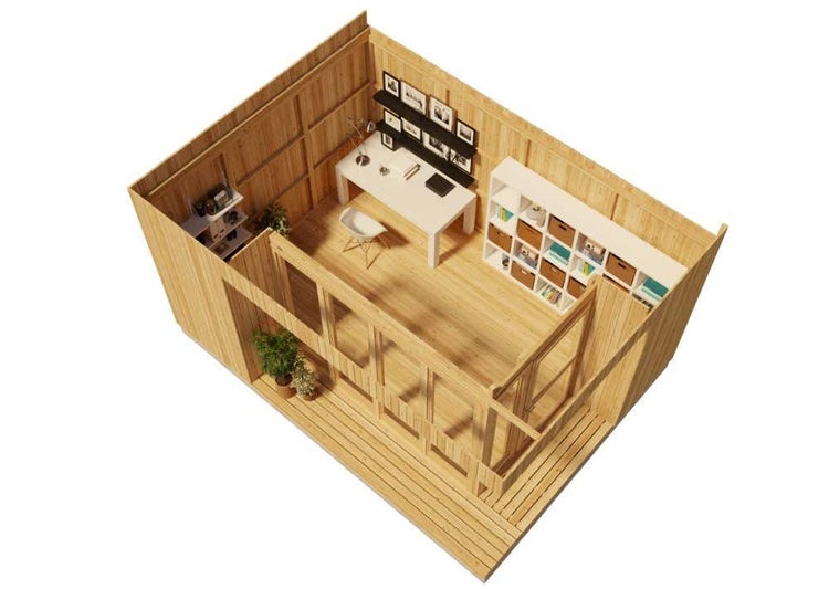 Ein als Büro eingerichtetes Gartenhaus aus Holz mit Schreibtisch, Regalen und großen Glasfronten in heller, organisierter Atmosphäre.