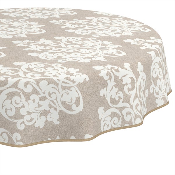 Runde Tischdecke mit weißem Damastmuster auf beige-meliertem Stoff.