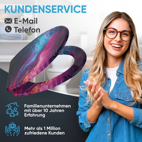 Kundenservice-Informationen mit E-Mail und Telefon neben einem bunten Toilettensitz