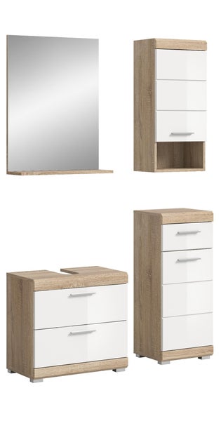 Vierteiliges Badezimmermöbel-Set in Eichenoptik mit weißen Hochglanzfronten, bestehend aus Spiegel, Hängeschrank, Unterschrank und Kommode.