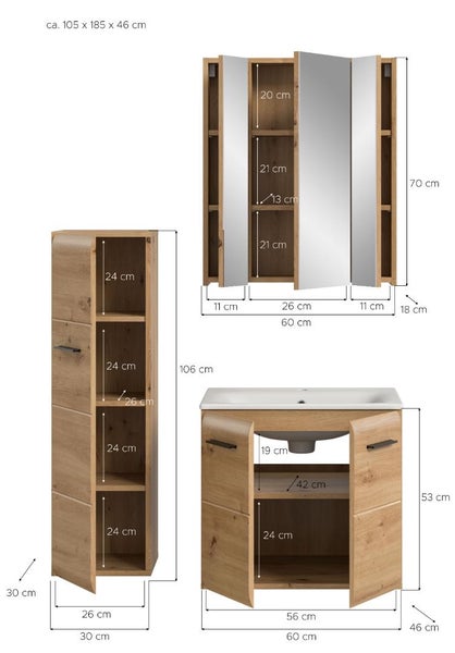 Badmöbel-Set in Eichenoptik bestehend aus Hochschrank, Spiegelschrank und Waschbeckenunterschrank inklusive Maßangaben in Zentimeter.