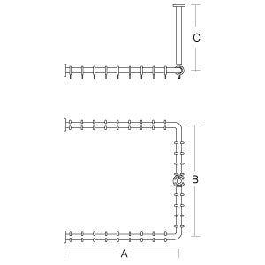 Schematische Zeichnung einer U-förmigen Duschvorhangstange mit Deckenstütze, inklusive Maßen A, B und C sowie Vorhangringen.