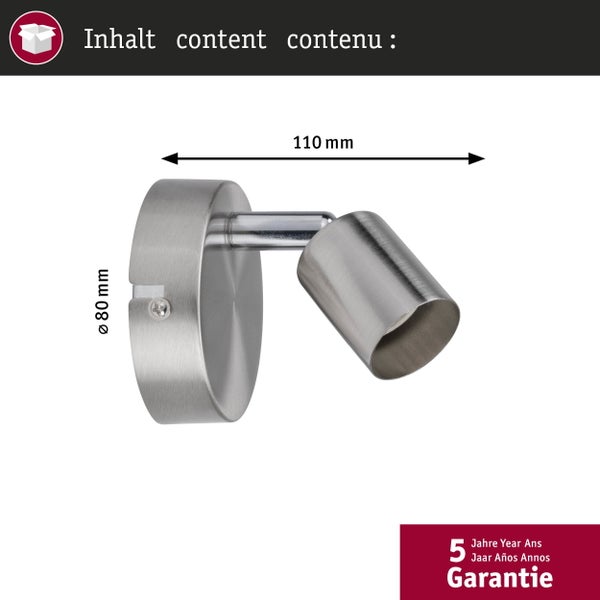 Wandstrahler aus gebürstetem Metall, Durchmesser 80 Millimeter, Länge 110 Millimeter, 5 Jahre Garantie.