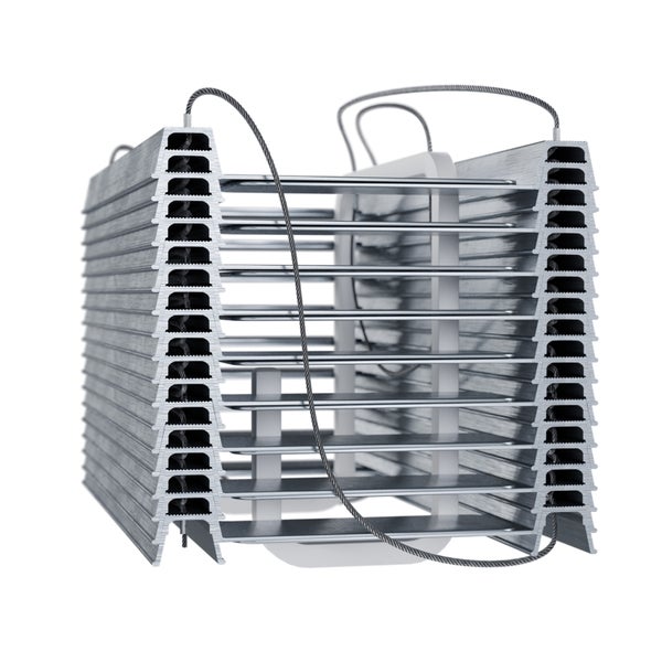 Stapelbare Metallregalelemente mit Drahtseilaufhängung aus Aluminium zur Lagerung oder für Regalsysteme.