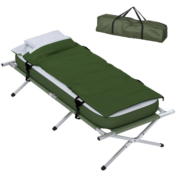 Outsunny Feldbett klappbar Campingbett mit Kopfkissen Matratze Tragetasche Pumpe 193 x 78 cm Gästebett belastbar bis 120 kg Campingliege für Erwachsene Klappbett für Camping Outdoor Reisen Grün