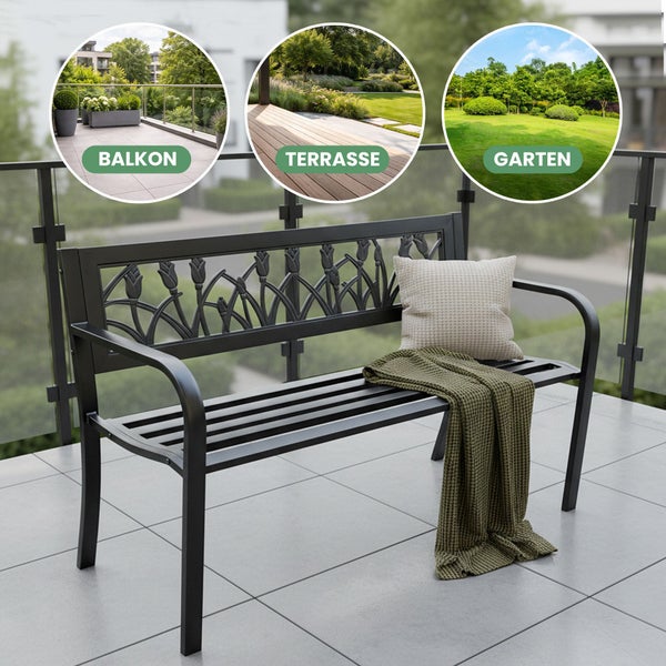 Schwarze Gartenbank aus Metall mit dekorativem Tulpenmuster auf der Rückenlehne, geeignet für Balkon, Terrasse und Garten.