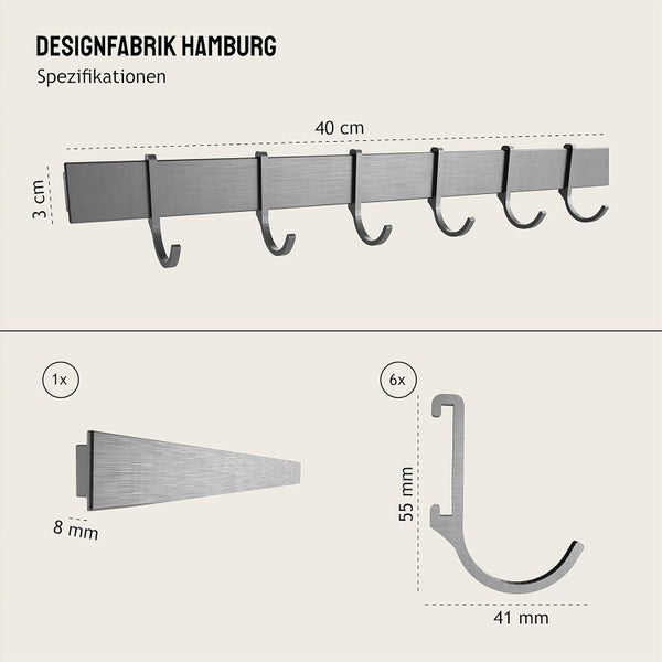 Designfabrik Hamburg Hakenleiste Küche selbstklebend Silber Gebürstet 40cm