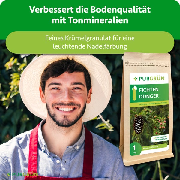Gärtner mit einem 1 Kilogramm Beutel Purgrün Fichtendünger zur Verbesserung der Bodenqualität mit Tonmineralien für leuchtende Nadeln.