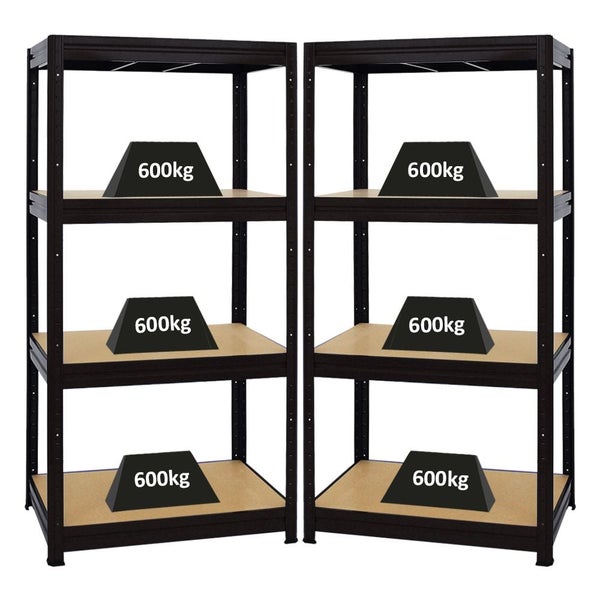 Zwei Schwerlastregale aus Metall mit vier Holzböden, Belastbarkeit 600 Kilogramm pro Fachboden.