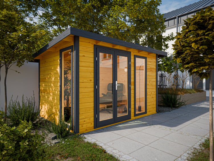 Modernes Gartenhaus aus Holz mit anthrazitfarbenen Rahmen und großen Glasfronten in einem Garten.