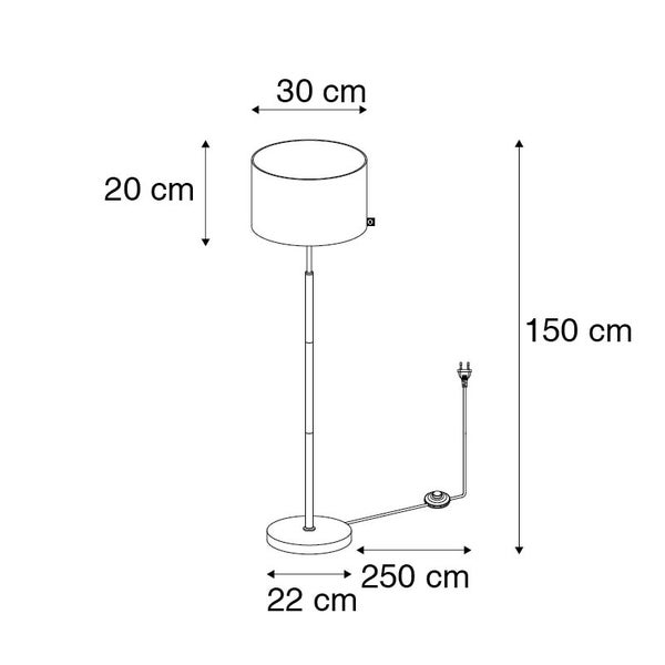 Stehleuchte: Höhe 150 Zentimeter, Schirm Durchmesser 30 Zentimeter, Schirmhöhe 20 Zentimeter, Fuß 22 Zentimeter, Kabel 250 Zentimeter.