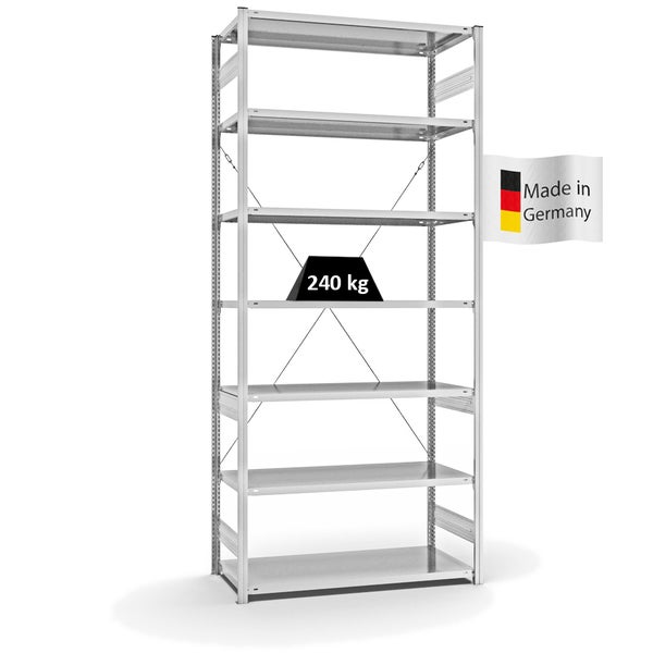 PROREGAL Fachbodenregal Stecksystem T-Profil Medium-Duty Grundregal HxBxT 300 x 130 x 60 cm 7 Ebenen Fachlast 240 kg Einseitig Nutzbar Lichtgrau