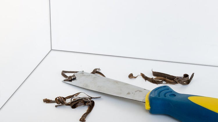 Ein Spachtel mit Kunststoffgriff entfernt Klebereste von einer Oberfläche.