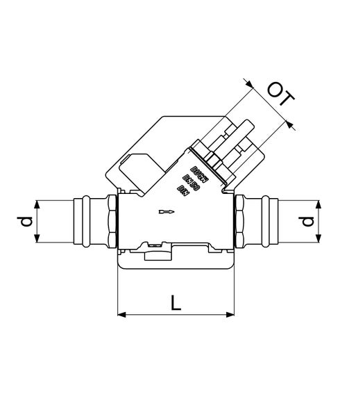 Technische Zeichnung eines Schrägsitzventils mit Pressanschlüssen, Maßen für Durchmesser, Länge und Oberteil sowie Nennweite 50 Kennzeichnung.
