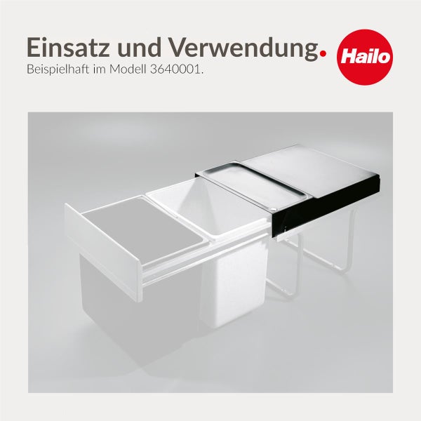 Hailo Logo. Hailo Abfalltrennsystem mit Auszug und mehreren Kunststoff-Abfalleimern. Beispielhafte Darstellung des Modells 3640001.