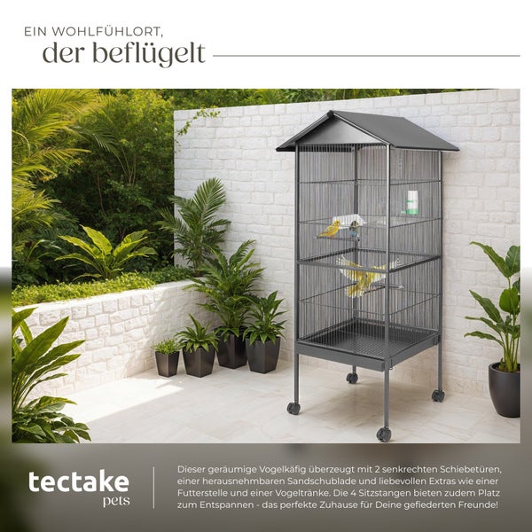 Vogelkäfig mit Rollen, Futterspender und Vögeln