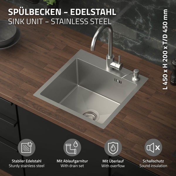 ML-Design Spülbecken Edelstahl 45x45 cm, Küchenspüle eckig, 1 Becken klein, Einbauspüle mit 2 Löchern, Edelstahlspüle mit Ab- und Überlaufgarnitur, Einzelbecken mit Siphon, Waschbecken Küche, Spüle