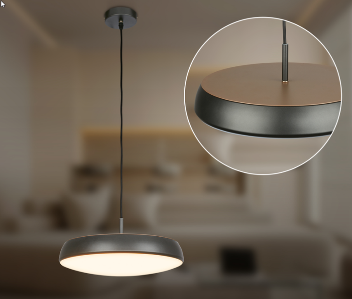 Moderne LED Pendelleuchte mit rundem Schirm und Deckenbefestigung für eine gleichmäßige Raumbeleuchtung