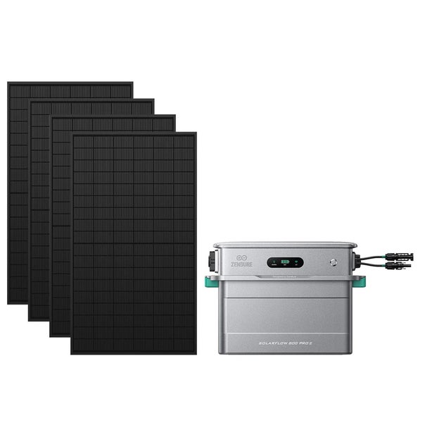 Zendure SolarFlow 800 Pro 2 Balkonkraftwerk Set mit vier schwarzen Solarmodulen und einem silbernen Speicher.