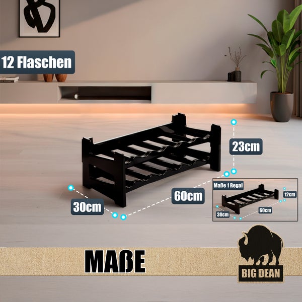 Weinregal für zwölf Flaschen mit den Maßen 60 mal 30 mal 23 Zentimeter