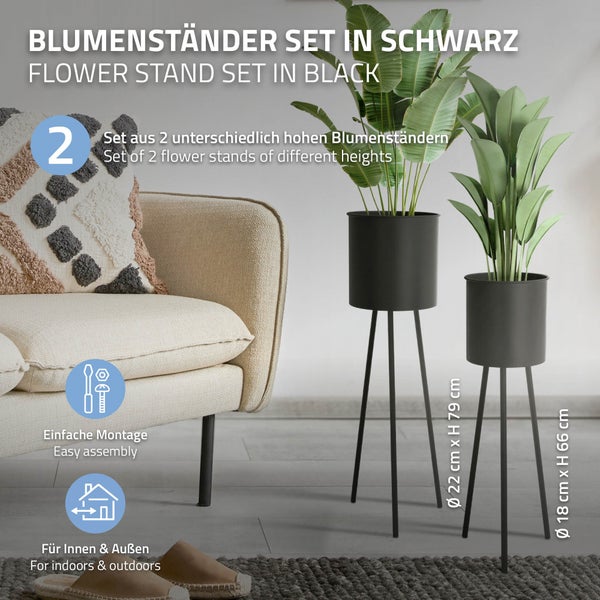 ML-Design Blumenständer 2er Set, Schwarz, 22x22,5x66 cm/23x26x79 cm, aus Stahl, Metallgestell Pflanzenständer, Blumentopfhalter 2-tlg, Blumentopfständer, Blumenhocker Pflanztopf Deko Pflanztopfhalter
