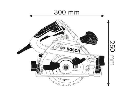 Skizze einer Handkreissäge mit den Maßen 300 mm Breite und 250 mm Höhe, Bosch Logo