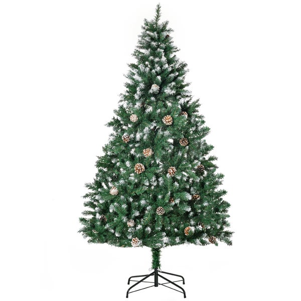 Künstlicher Weihnachtsbaum mit beschneiten Zweigspitzen und Kiefernzapfen, inklusive Metallständer.
