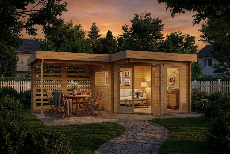 Modernes Gartenhaus aus hellem Holz mit Flachdach, großer Glasfront und überdachter Terrasse mit Sitzgruppe in einer hellen Gartenanlage.