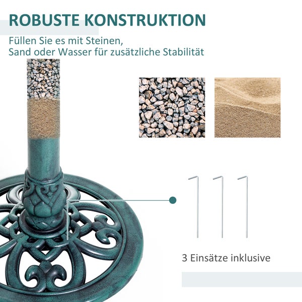Sonnenschirmständer mit verzierter Basis, befüllbar mit Sand oder Steinen zur Stabilisierung, inklusive drei Erdnägeln für festen Halt.