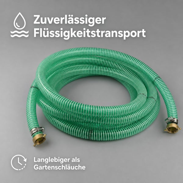 Ein aufgerollter Saugschlauch mit Messinganschlüssen für den zuverlässigen Flüssigkeitstransport im Garten.